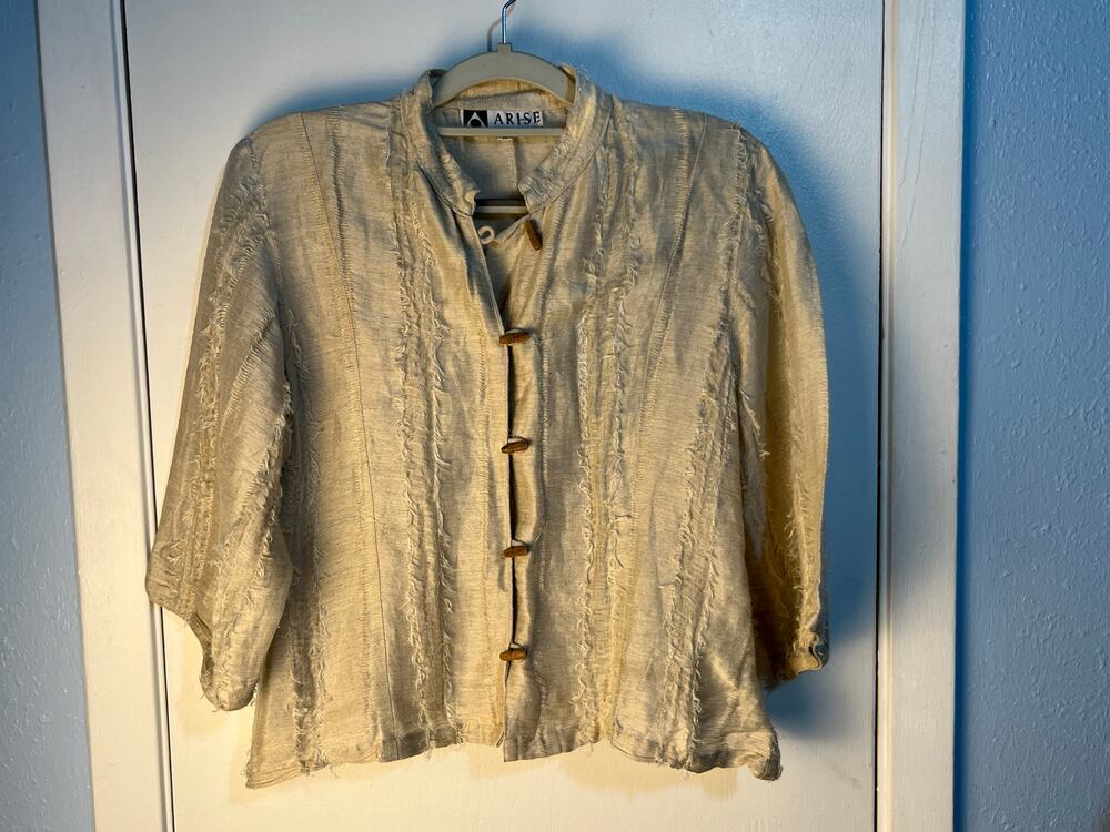 VTG Arise Linen Silk Jacket Medium Beige Fringe Seams Wooden Buttons Boho